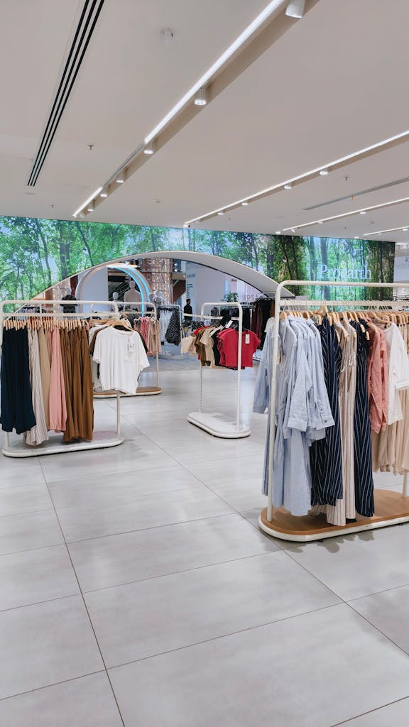 Explore a contemporary fashion store layout featuring neatly arranged clothing racks and a spacious interior design.